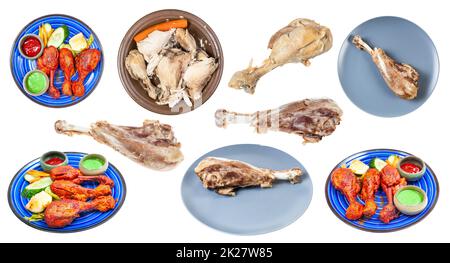 set of various boiled chicken and turkey legs Stock Photo