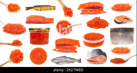 set of various salmon fishes and red roes isolated Stock Photo