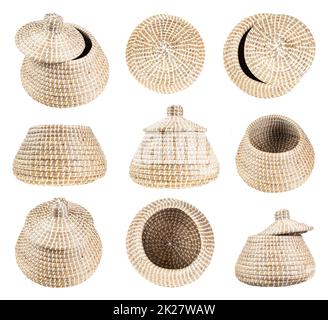 wicker basket from seagrass with slightly open lid Stock Photo