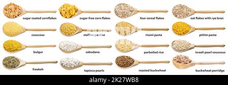 set of precooked grains in wood spoons with names Stock Photo