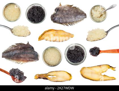 set of various cooked and raw halibut and roe Stock Photo