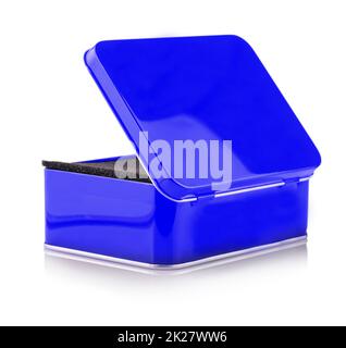 Closed Empty blue metal box close-up isolated on white background Stock Photo