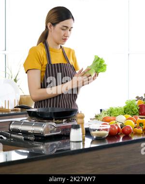 Young asian housewife dressed in an apron, hold fresh lettuce with both hands. The kitchen counter full of various kinds of vegetables. Stock Photo