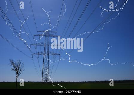 electricity pylon with many bright lightnings electricity prices increase due to inflation Stock Photo