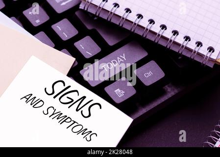 Handwriting text Signs And Symptoms. Business showcase any subjective evidence of disease that can be detected Publishing Typewritten Documents Online, Typing Long Term Contract Stock Photo