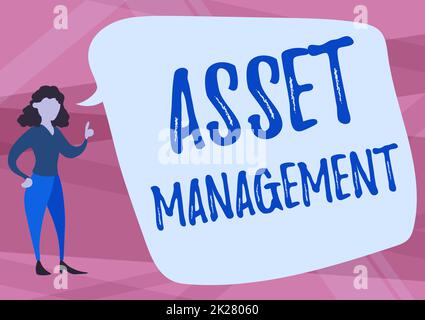 Conceptual display Asset Management. Business approach systematic process of operating and disposing of assets Illustration Of Woman Speaking In Chat Cloud Discussing Ideas. Stock Photo