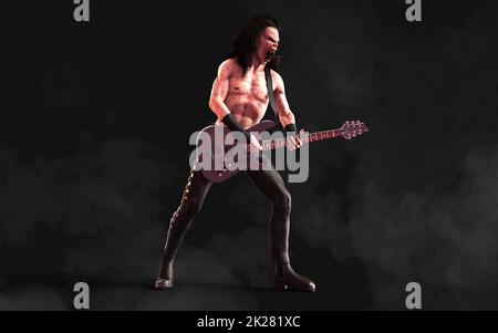 3d Illustration Devil pose and plays a double bass surrounded on dark ...
