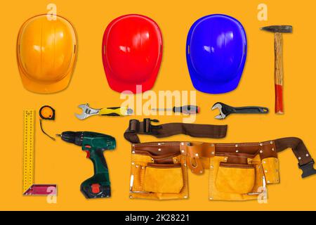 Tools collection isolated on orange background Stock Photo