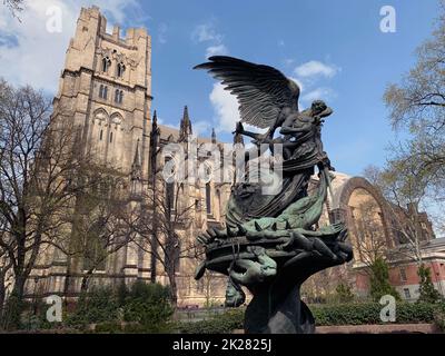 Peace Fountain sculpture with the Saint John the divine on the back Stock Photo