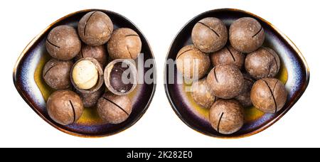 set of macadamia nuts in ceramic bowls isolated Stock Photo