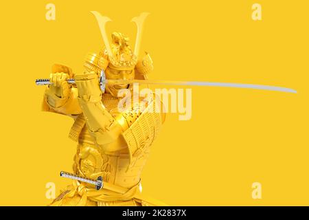 Samurai in armor in attack position. 3D Rendering Stock Photo