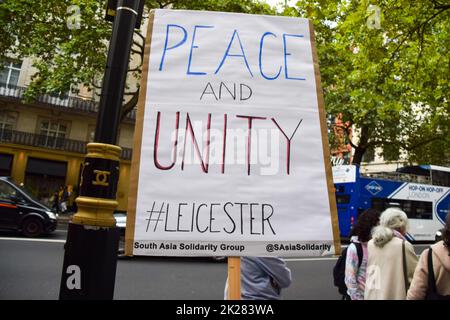 London, UK. 22nd Sep, 2022. Protesters gathered outside the Indian High Commission at India House in London after clashes between Hindu and Muslim youths erupted in Leicester and Birmingham. The demonstrators called for peace and unity, and protested against Indian Prime Minister Modi’s BJP party and Hindu nationalists RSS, whom they blame for causing division.Credit: Vuk Valcic/Alamy Live News Stock Photo