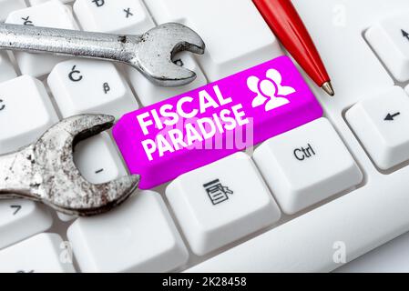 Inspiration showing sign Fiscal Paradise. Word for The waste of public money is a great concern topic Typing And Publishing Descriptions Online, Writing Informative Data Stock Photo
