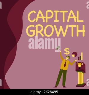 Sign displaying Capital Growth. Word Written on increase in the value of an asset or investment over time Manstanding Alone Presenting Charts And New Financial Ideas With Podium. Stock Photo