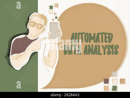 Text showing inspiration Automated Data Analysis. Business concept automatic decision making based on big data Line Drawing For Guy Holding Phone Presenting New Ideas With Speech Bubble. Stock Photo