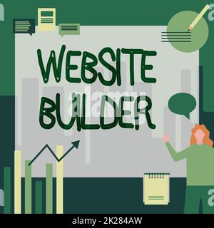 Conceptual display Website Builder. Business concept Website Builder Businesswoman Casual Standing Presenting Charts And New Wonderful Ideas. Stock Photo