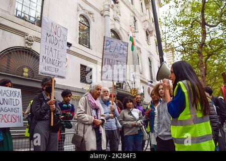 London, UK. 22nd Sep, 2022. Protesters gathered outside the Indian High Commission at India House in London after clashes between Hindu and Muslim youths erupted in Leicester and Birmingham. The demonstrators called for peace and unity, and protested against Indian Prime Minister Modi’s BJP party and Hindu nationalists RSS, whom they blame for causing division.Credit: Vuk Valcic/Alamy Live News Stock Photo