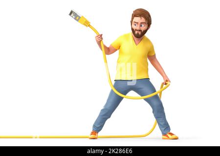 Casual dressed man holding network cable. Isolated on white background. 3D Rendering Stock Photo