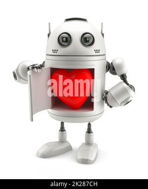 Cute robot with red heart inside. Isolated on white Stock Photo