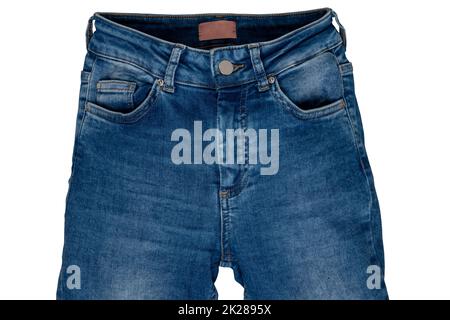Jeans isolated. Trendy stylish blue denim pants or trousers isolated on a white background. Clipping path. summer and autumn fashion. Front view. Stock Photo