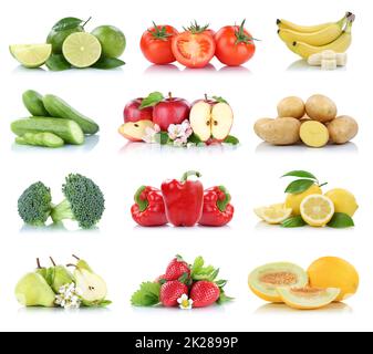 Fruits vegetables collection isolated apple apples strawberries tomatoes banana colors fresh fruit Stock Photo