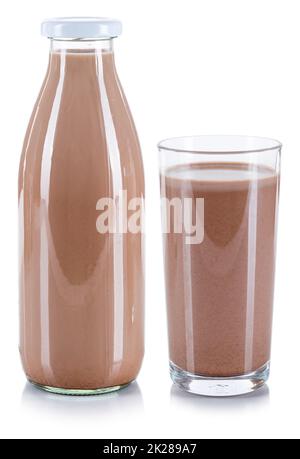 Fresh chocolate milk glass and bottle isolated on white Stock Photo