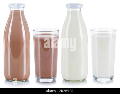 Fresh milk and chocolate glass bottles isolated on white Stock Photo