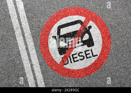 Diesel driving ban sign road street car no not allowed forbidden zone Stock Photo