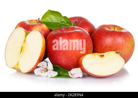 Apples apple fruits fruit red blossoms isolated on white Stock Photo