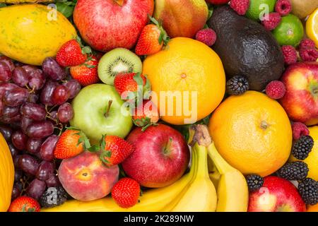 Food background fruits collection apples berries oranges lemons fruit Stock Photo