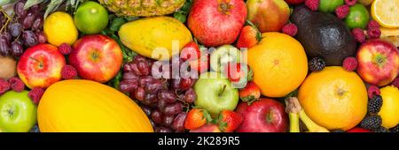 Food background fruits collection banner apples berries oranges lemons fruit Stock Photo