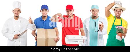 Group of young people occupations occupation collection profession doctor cook job isolated on white Stock Photo