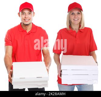 Pizza boy girl delivery order delivering job young isolated on white Stock Photo