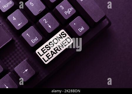 Conceptual display Lessons Learned. Internet Concept experiences garnered from understanding the activity Typing Program Code Script, Abstract Downloading New Online Journal Stock Photo