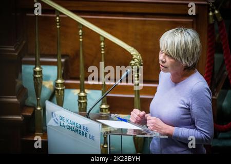 Brussels, Belgium, 22 September 2022. Vooruit's Anja Vanrobaeys pictured during a plenary session of the Chamber at the Federal Parliament in Brussels, Thursday 22 September 2022. BELGA PHOTO JASPER JACOBS Stock Photo