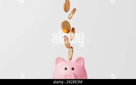 Pink piggy bank money box with gold coins. 3D Rendering Stock Photo - Alamy