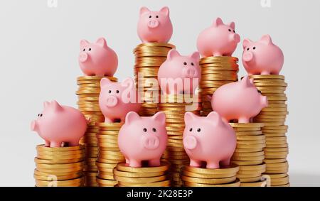 Pink piggy bank money box with a stack of gold coins. 3D Rendering Stock Photo