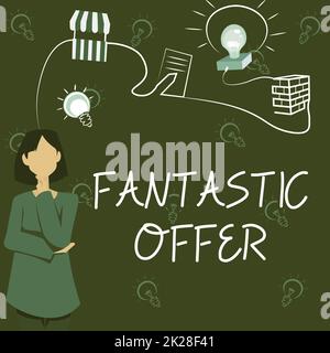 Sign displaying Fantastic Offer. Word Written on the seller accepts offers and is willing to negotiate Woman Innovative Thinking Leading Ideas Towards Stable Future. Stock Photo