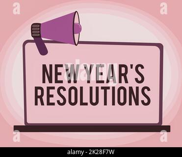 Text sign showing New Year s is Resolutions. Conceptual photo Wishlist List of things to accomplish or improve Illustration Of Megaphone On Blank Monitor Making Announcements. Stock Photo