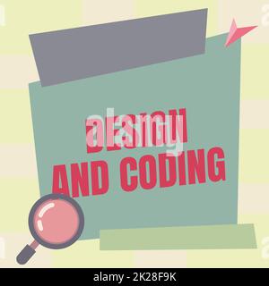 Text sign showing Design And Coding. Internet Concept tool that can be used in design and planning process Magnifying Glass Drawing Searching Evidence In Blank Billboard. Stock Photo