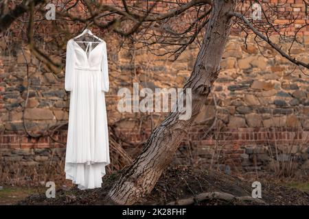 white wedding dress on a tree in the yard with a brick wall in the background Stock Photo