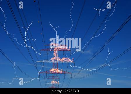 burning electricity pylons with many bright lightnings electricity prices increase due to inflation Stock Photo