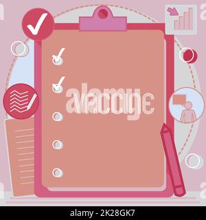 Conceptual display Vaccine. Word for Vaccine Clipboard Drawing With Checklist Marked Done Items On List. Stock Photo