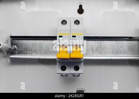 Din rail circuit breakers. Stock Photo