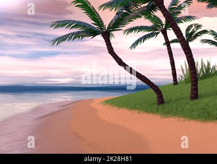 3d tropical sunset with island and palm trees. Ocean and neon sun