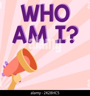 Text sign showing Who Am Iquestion. Internet Concept Who Am Iquestion Illustration Of Hand Holding Megaphone Making Wonderful Announcement. Stock Photo