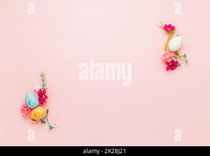 Easter holiday mockup background. Top view from above to Easter eggs with frame Stock Photo