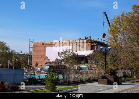 Work on the building repair, demolition of old elements. Descent Stock Photo