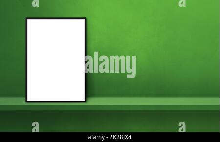 Black picture frame leaning on a green shelf. 3d illustration. Horizontal banner Stock Photo