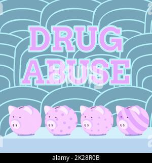 Hand writing sign Drug Abuse. Business concept Compulsive drug seeking The habitual taking of illegal drugs Multiple Piggy Bank Drawing On Table With Striped Background. Stock Photo